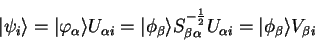 \begin{displaymath}
\vert \psi_i \rangle = \vert \varphi_{\alpha} \rangle U_{\al...
...over 2}} U_{\alpha i}
= \vert \phi_{\beta} \rangle V_{\beta i}
\end{displaymath}