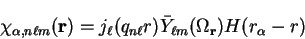 \begin{displaymath}
\chi_{\alpha , n \ell m}({\bf r}) = j_{\ell}(q_{n \ell}r) {\bar Y}_{\ell m}(
\Omega_{\bf r}) H(r_{\alpha} - r)
\end{displaymath}