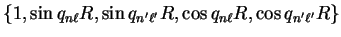 $\displaystyle \left\{1 , {\sin q_{n \ell} R} , {\sin q_{n' \ell'} R}
, {\cos q_{n \ell} R} , {\cos q_{n' \ell'} R} \right\}$