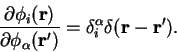 \begin{displaymath}
\frac{\partial \phi_i({\bf r})}{\partial \phi_{\alpha}({\bf r'})} =
\delta_i^{\alpha} \delta({\bf r}-{\bf r'}) .
\end{displaymath}