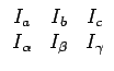 $ \begin{array}{ccc}
\begin{displaymath}
I_{a} & I_{b} & I_{c} \\
I_{\alpha} & I_{\beta} & I_{\gamma}
\end{array}$