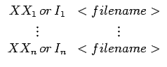 $ \begin{array}{ccc}
\begin{displaymath}
XX_{1} or I_{1} & <filename> \\
\vdots & \vdots \\
XX_{n} or I_{n} & <filename>
\end{array}$