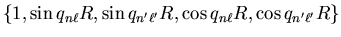 $\displaystyle \left\{1 , {\sin q_{n \ell} R} , {\sin q_{n' \ell'} R}
, {\cos q_{n \ell} R} , {\cos q_{n' \ell'} R} \right\}$