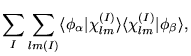 $\displaystyle \sum_{I}\sum_{lm(I)} \langle\phi_{\alpha}\vert\chi_{lm}^{(I)}\rangle\langle\chi_{lm}^{(I)}\vert\phi_{\beta}\rangle,$