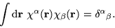 \begin{displaymath}
\int \d {\bf r}\ \chi^{\alpha}({\bf r}) \chi_{\beta}({\bf r}) =
{\delta^{\alpha}}_{\beta}.
\end{displaymath}