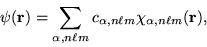 \begin{displaymath}
\psi({\bf r}) =
\sum_{\alpha, n \ell m} c_{\alpha, n \ell m}
\chi_{\alpha, n \ell m}({\bf r}),
\end{displaymath}