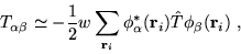 \begin{displaymath}
T_{\alpha \beta} \simeq -\frac{1}{2} w \sum_{\mathbf{r}_i}
\phi^*_\alpha(\mathbf{r}_i)
\hat{T} \phi_\beta(\mathbf{r}_i ) \ ,
\end{displaymath}