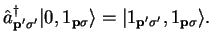 $\displaystyle {\hat a}_{{\bf p'}\sigma'}^{\dag } \vert 0 , 1_{{\bf p}\sigma} \rangle =
\vert 1 _{{\bf p'}\sigma'} , 1_{{\bf p}\sigma} \rangle .$