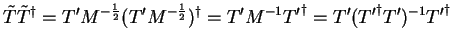 $\displaystyle {\tilde T} {\tilde T}^{\dag } = T' M^{-{1 \over 2}}
( T' M^{-{1 \...
...2}} )^{\dag } = T' M^{-1} {T'}^{\dag } =
T' ({T'}^{\dag } T')^{-1} {T'}^{\dag }$