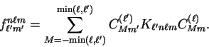 \begin{displaymath}
f_{\ell' m'}^{n \ell m} = \sum_{M = -{\mathrm{min}(\ell, \el...
...l')} C_{M m'}^{(\ell')} K_{\ell' n \ell m}
C_{M m} ^{(\ell)} .
\end{displaymath}