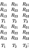 \begin{displaymath}
\begin{array}{ccc}
R_{11} & R_{21} & R_{31} \\
R_{12} & R_{...
...R_{13} & R_{23} & R_{33} \\
T_1 & T_2 & T_3
\vdots
\end{array}\end{displaymath}