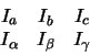 \begin{displaymath}
\begin{array}{ccc}
I_{a} & I_{b} & I_{c} \\
I_{\alpha} & I_{\beta} & I_{\gamma} \\
\end{array}\end{displaymath}