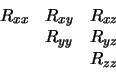 \begin{displaymath}
\begin{array}{ccc}
R_{xx} & R_{xy} & R_{xz} \\
& R_{yy} & R_{yz} \\
& & R_{zz} \\
\end{array}\end{displaymath}