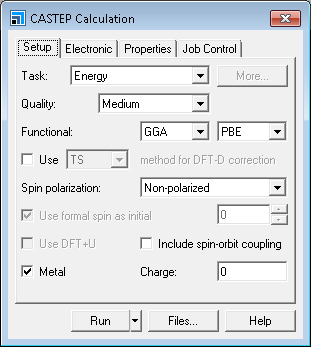 CASTEP Calculation setup dialog